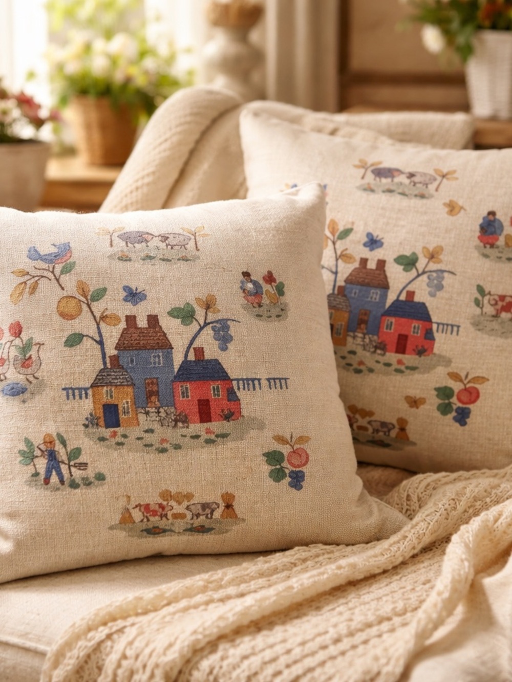 Cottagecore Linen Pillow Covers 18x18 Beige Farmhouse Village Scene Neutral Set